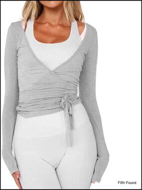 Women Wrap Tie Top Long Sleeve Ballet Workout Yoga Shirt Slim Fit